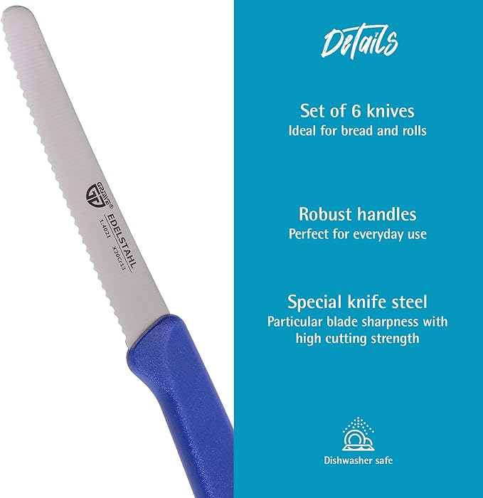 GR횆WE table knife 6 pieces, set for cutting, pack of 6 bread knives, for breakfast with serrated edge on one side, length 8.3 inch - handle color blue