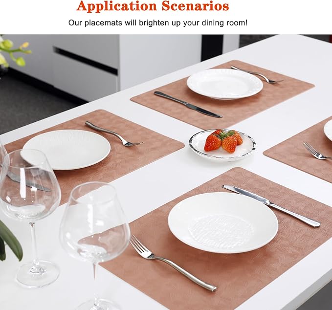 Bxzandya Vinyl Placemats Set of 8 Heat Resistant Easy Clean Non-Slip Place Mats for Dining Table. Faux Leather Waterproof Stain Resistant Wipeable Washable PU Table Mats(8, Coral)
