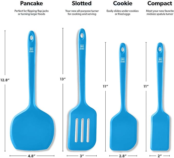 New DI ORO Silicone Turner Spatula Set - Kitchen Spatulas for Nonstick Cookware - Cooking Utensils for Flipping Eggs & Pancakes - 600째F Heat-Resistant BPA Free Turners - Dishwasher Safe (4pc, Blue)