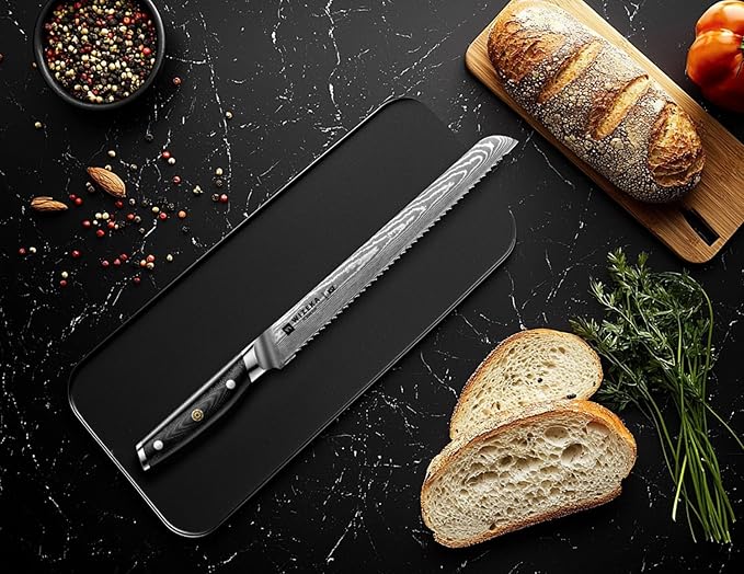 WIZEKA 10 inch Damascus Serrated Bread Knife for Homemade Bread: Razor Sharp VG10 Damascus Steel Multifunction Serrated Knife for Slicing Homemade Bread, Bagels, Cake