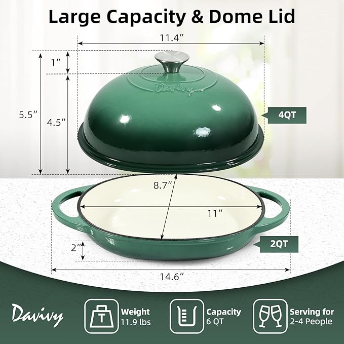 Davivy 6QT Oval Dutch Oven for Sourdough with Lid, Cast Iron Bread Oven Bread Pan with Silicone Baking Mat, Cast Iron Bread Pan Sourdough Bread Cloche Dutch Oven- Forest Green