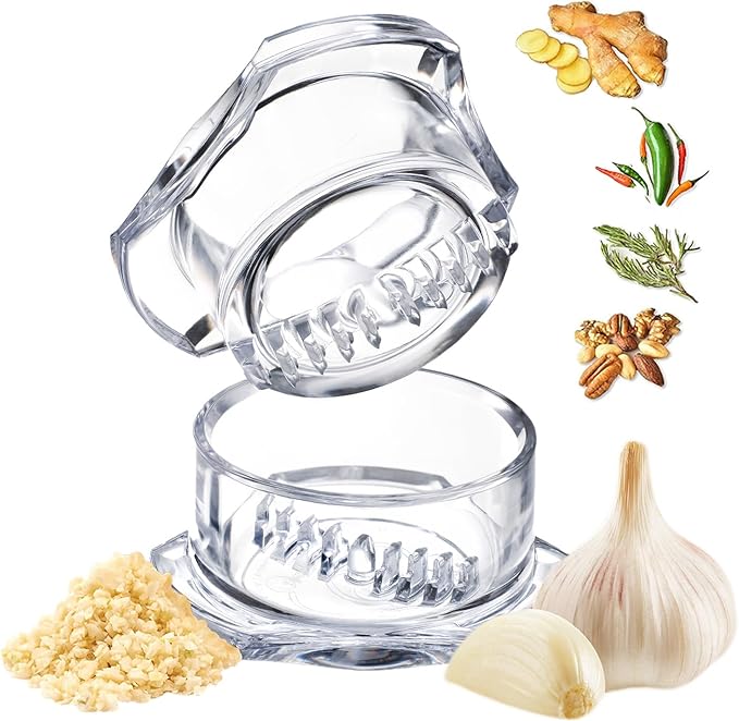 Nextrend Garlic Twister 4th Gen ??Garlic Mincer & Garlic Press in One - for Ginger, Herbs, Nuts & more, BPA-Free, Dishwasher Safe, 3?? Clove Capacity - Clear