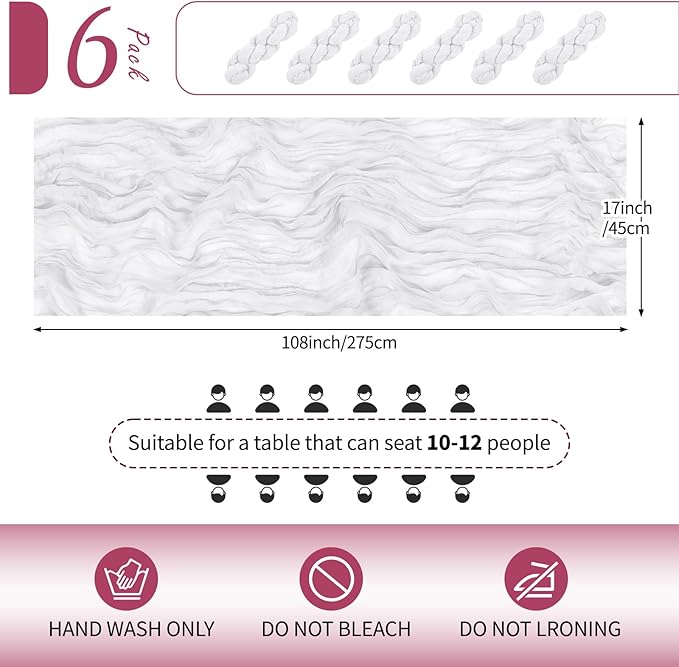 RealBox 6 Pack White Cheesecloth Table Runner 17x108 Inch Semi Sheer Boho Gauze Cheese Cloth Fabric Table Runners Table Decor for Wedding Party Baby Shower Birthday Home Decor Garden Farmhouse