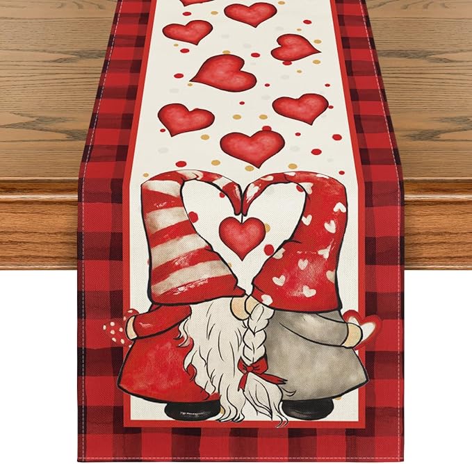 Artoid Mode Red Watercolor Hearts Gnomes Love Valentine's Table Runner, Seasonal Anniversary Wedding HoliKitchen Dining Table Decoration for Indoor Outdoor Home Decor 13 x 108 Inch