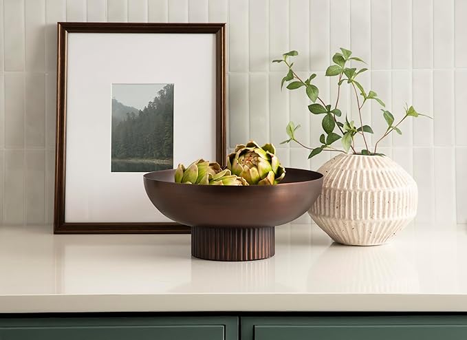 Kate and Laurel Rooks Ribbed Decorative Metal Bowl, 12 Inch Diameter, Bronze, Vintage Raised Fruit Bowl for Kitchen Counter or Use as a Key Bowl for an Entryway Table