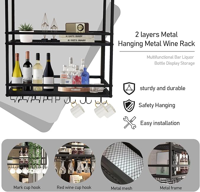 Ceiling Wine Glass Rack, Hanging Wine Display Shelf 2-Tier, Bar Liquor Storage Shelf for Bar Cafe Kitche, Metal Wine Bottle, Goblet Stemware Rack(Black, 39.37x39.37x11.81in)
