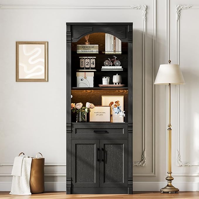 Rresyet 70.9" Tall Kitchen Pantry Storage Cabinet, Modern Kitchen Hutch Bar Cabinet with Lights, Freestanding Food Pantry with Adjustable Shelves and Drawer (Black)
