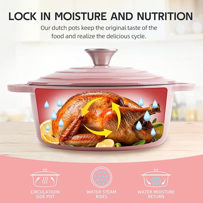 6 Quart Dutch Oven Enameled Cast Iron with Lid - Big Dual Handles - Oven Safe up to 500째F - Classic Round Pot for Versatile Cooking (Pink, 6 QT)