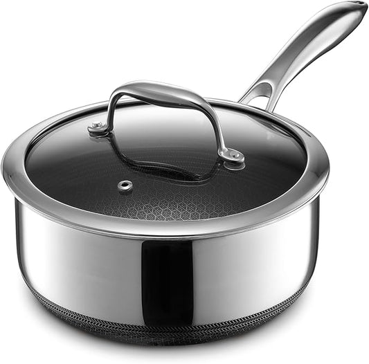 HexClad Hybrid Nonstick 3-Quart Saucepan with Tempered Glass Lid, Stay-Cool Handle, Dishwasher-Friendly, Oven-Safe Up to 900째F, Induction Ready, Compatible with All Cooktops