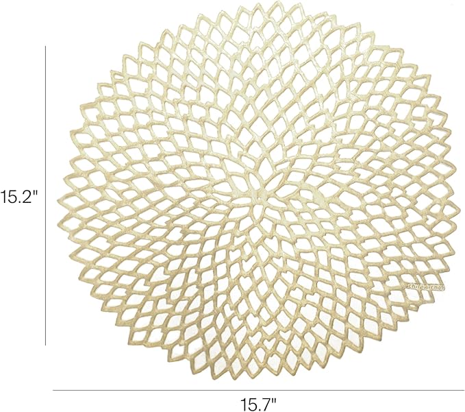 Chilewich Set of 8 - Pressed Dahlia Placemats in Champagne - Easy Care Openwork Table Mats - Indoor/Outdoor - 15.25'' x 14.25'' Round Chargers