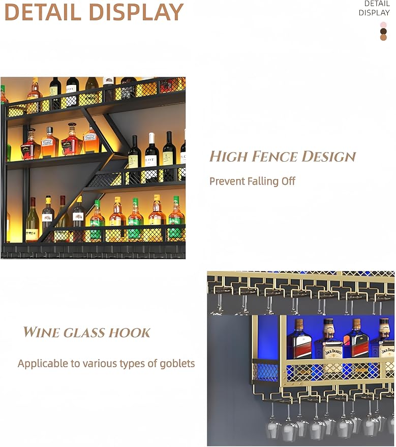 118 Inch 4 Tier Metal Wine Rack Wall Mounted, Modern Bar Shelves Wall Mounted Wine Rack with LED Light, Liquor Shelf Wall Mounted, Bar Shelves for Liquor Bottles (Gold with Warm Led, 118-4 Tier)