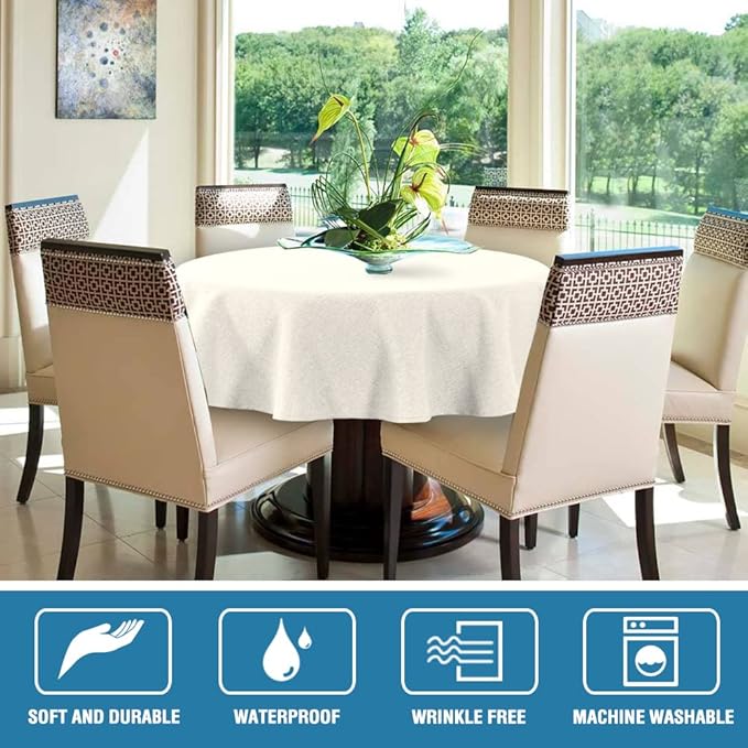 H.VERSAILTEX Linen Textured Tablecloth Round 70 inch Waterproof Decorative Table Cloth Spill-Proof Linen Look Cover for Party Table Extra Soft and Thick Fabric Wrinkle Free, Heather Ivory