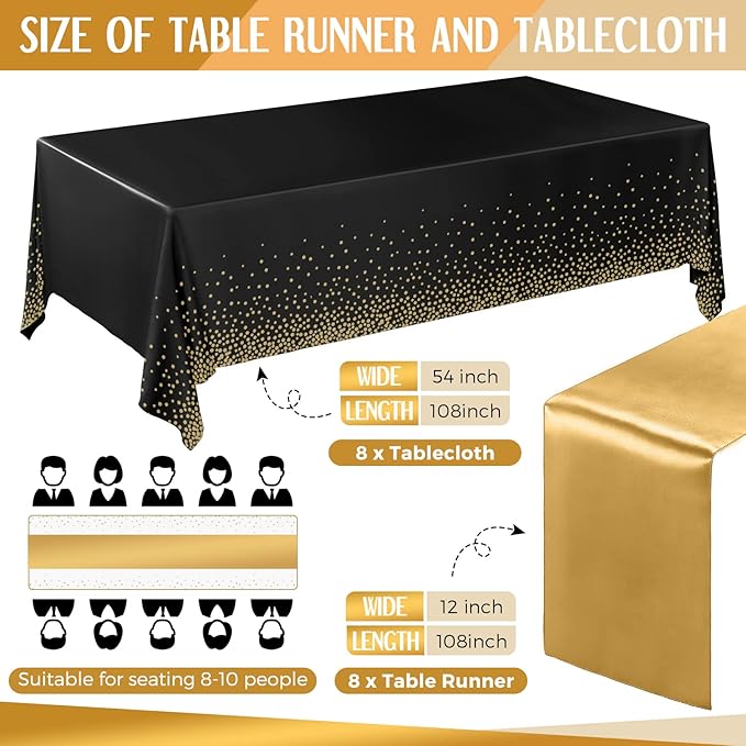 Tudomro 16 Pieces New Year Black and Gold Disposable Plastic Tablecloths and Satin Table Runner Set 54x108 Inch Tablecloth 12x108 Inch Table Runners for Wedding Birthday Baby Shower Graduation