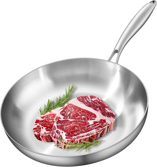 12" Stainless Steel Frying pan, 3-Ply Stainless Steel Pan, Induction, Oven Broiler Safe 600F Skillet, Professional Cookware, Silver竊똕uitable for All Stove (Detachable Handle)