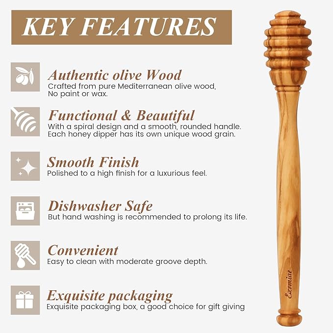 Olive Wood Honey Dipper/Stick Durable & Warp-Resistant, Preserves Honey Purity, 2pcs, 6.3 Inch