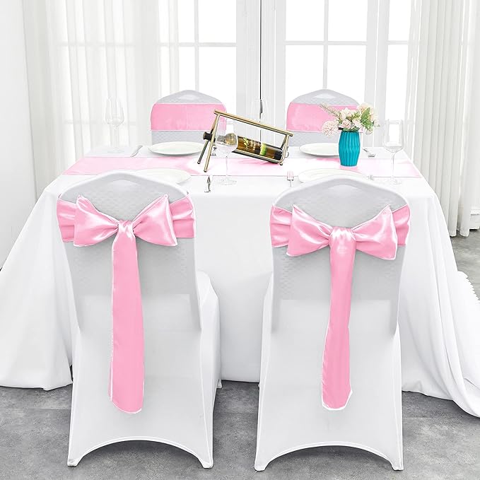 4-Pack Pink Satin Table Runner 12 x 108 Inch Long Bright and Smooth Silk Fabric Table Runner for Wedding Banquet Birthday Party Decoration