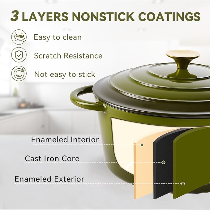 Miereirl 4.5 Quart Enameled Dutch Oven Pot with Lid, Cast Iron Dutch Oven with Dual Handles for Bread Baking, Cooking, Non-stick Enamel Coated Cookware, Golden Green