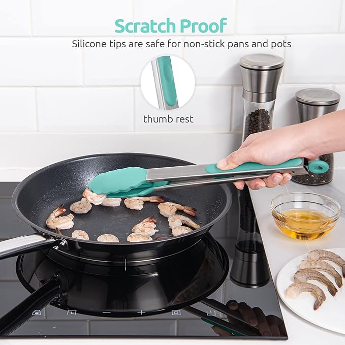 600쨘F Heat Resistant Kitchen Tongs: U-Taste 12 in Large Silicone Cooking Tong with Sturdy Non Stick Rubber Tips & Silicon Coated 18/8 Stainless Steel Handle & Smooth Locking for Serving Grill-Aqua Sky