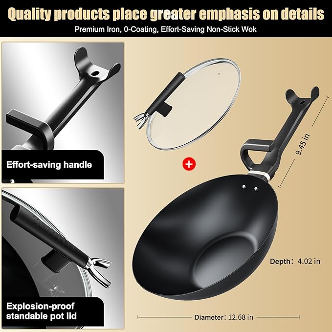 Carbon Steel Wok Pan, Non-stick saut챕 pan,13 Inch Woks & Stir-fry Pans Nonstick with Ergonomic Handle, Cookware, Pots and Pans,Versatile Bottom Chinese Woks for All Stoves