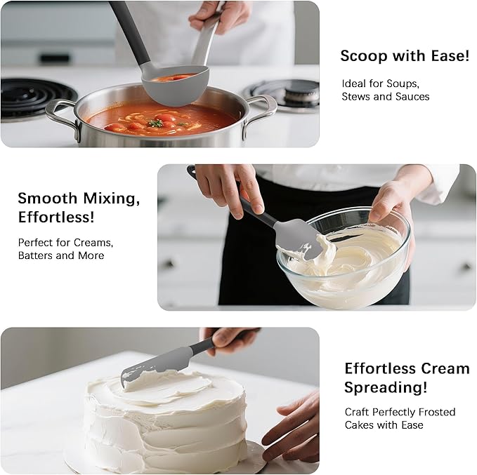 Coukre Silicone Kitchen Cooking Utensils Set with Holder ??Heat-Resistant, Food-Grade Kitchen Tools, Spatula, Spoon & Gadgets for Non-Stick Pans, Dishwasher Safe (14, Gray)