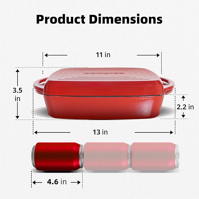 2-in-1 Square Enameled Cast Iron Dutch Oven 7QT Baking Pan and Gridle Lid with Dual Handles, Cast Iron Skillet lid, Coating Gridle for Baking, Braising and Grilling - Red