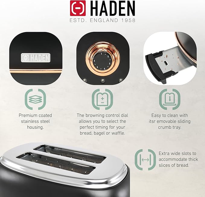 Haden Heritage 2 Slice Wide Slot Stainless Steel Toaster with Adjustable Browning Control & Non-Slip Feet, Black & Copper