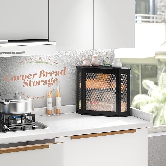 Corner Bread Box Kitchen Countertop Extra Large Capacity Farmhouse Bread Box, Corner Countertop Storage, Double Layer Bread Holder (Black, Large)