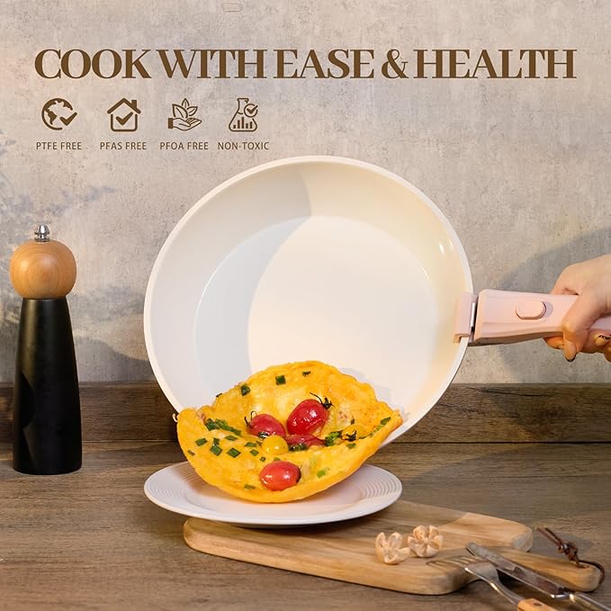 23Pcs Ceramic Cookware Set Non Stick Pots and Pans Set Non Toxic with Detachable Handle Induction Kitchen Cookware Set Space Saving, Oven & Dishwasher Safe, Light Pink