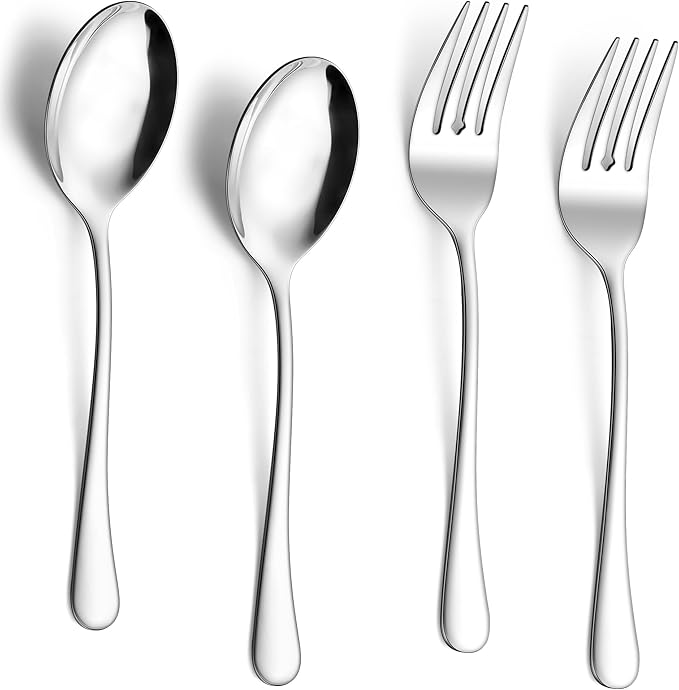 E-far Large Serving Utensils Set of 4, 9.8 Inch Stainless Steel Serving Spoons & Serving Forks, Big Hostess Set for Buffet Party Catering Wedding Kitchen Restaurant, Dishwasher Safe