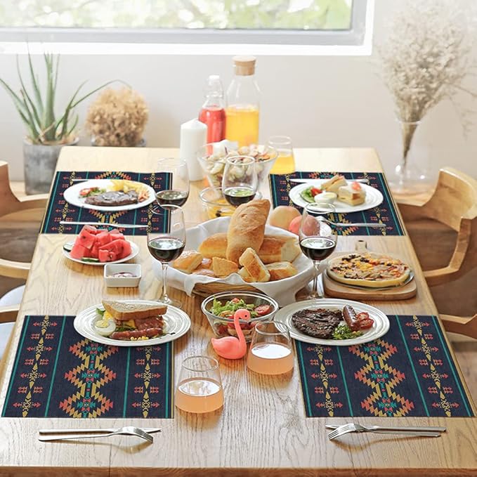 Moslion Ethnic Pattern Placemats Southwest American Aztec Abstract Art Boho Table Placemats for Dinning Table Washable Cotton Linen 12x18 Inch, Set of 4