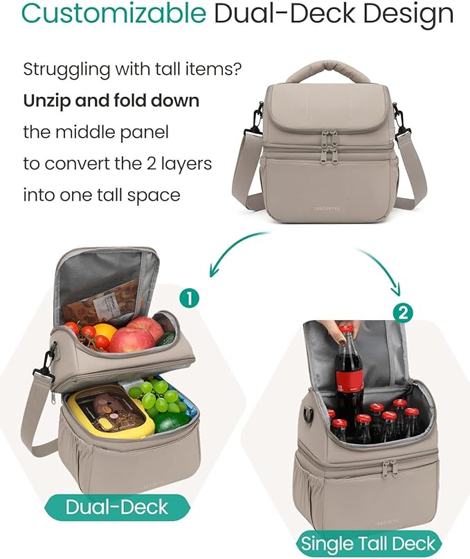 Leadvenst Lunch Bag Women Men, Double Deck Insulated Lunch Box, Large Capacity 12L with Detachable Divider for Tall Item, Leakproof, Durable & Reusable Cooler Bag For Work Picnic Travel, Quilted Khaki