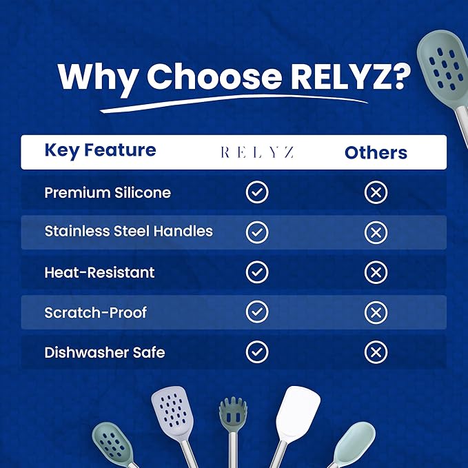 5-Piece Silicone Kitchen Utensils Set Non Toxic, Heat-Resistant & Non-Stick with Stainless Steel Handles, BPA-Free Silicone Cooking Utensils, Slotted Turner, Solid Spoon, Pasta Server, Dishwasher Safe