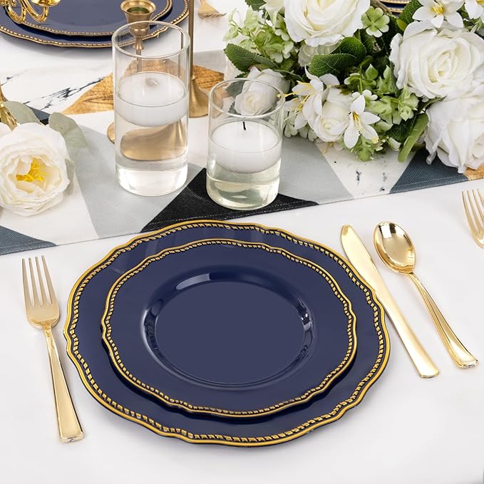 Hioasis 60pcs Blue Plastic Plates - Blue and Gold Disposable Dinnerware with Gold Rim, Heavy-duty, 7.5 inch, Dessert Plates for Party & Christmas
