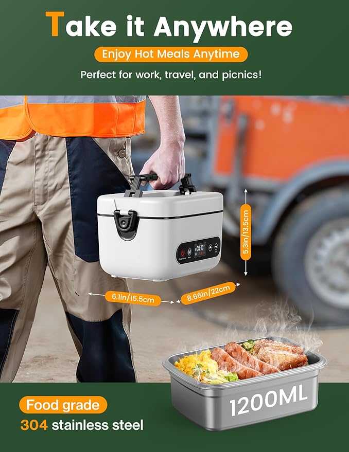 Cordless Electric Lunch Box, 1.2L Battery Powered Heated Lunch Box ??100W, 24000mAh Rechargeable Portable Self-Heating Food Warmer with 5-Sided Automatic Heating for Outdoors, Truck, Office, BPA-Free