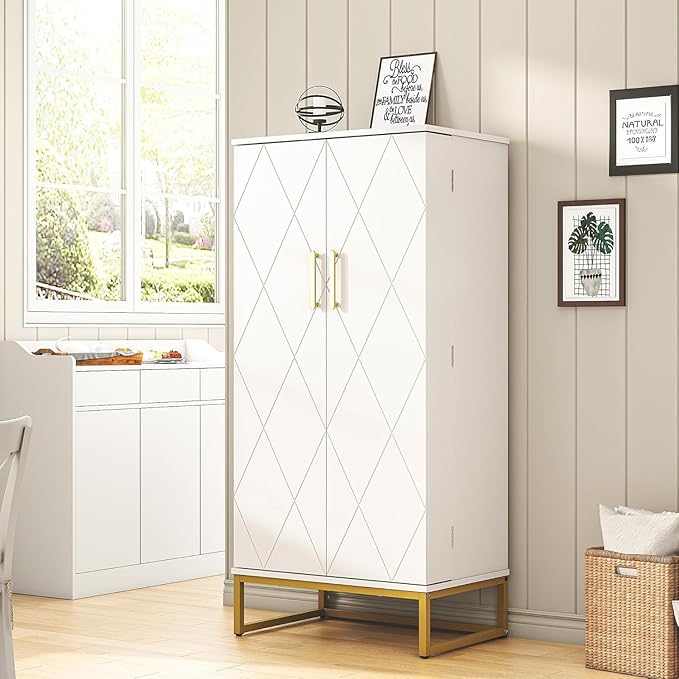 51??Kitchen Pantry Storage Cabinet, White Freestanding Pantry Cabinets with Doors and Adjustable Shelves, Buffet Cupboards Storage Cabinet for Home Office Use, Dinning Room(White + Gold)