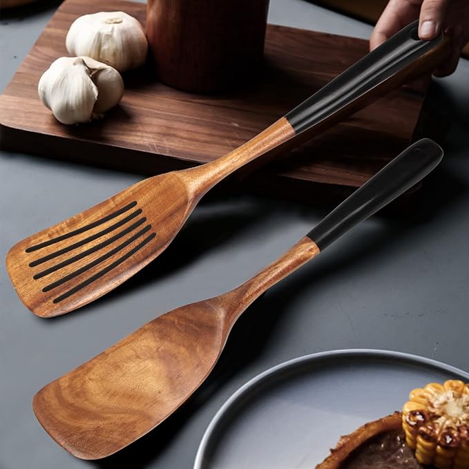 2 Pcs Wooden Spatula Set for Cooking Non Toxic Teak Kitchen Utensils Slotted Pancake Turner Flat Wood Wok Spatulas Bamboo Spoon for Cooking Utensil Set Spurtle Scraper Black Fish Egg Flipper Spatula