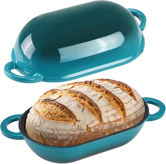 Enameled Cast Iron Sourdough Bread Oven, 5QT Loaf Cast Iron Bread Pan with Lid, Oval Dutch Oven for Homemade Bread Baking, Meatloaf Pan with Lid (Gradient Blue-green)