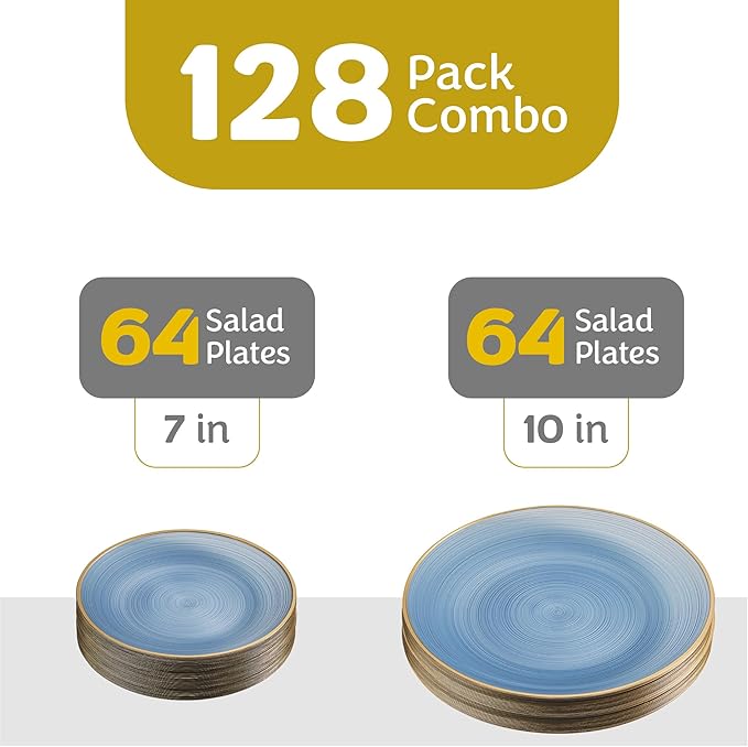 PLASTICPRO 128 Pieces Crystal Design Plastic Plates Combo Pack 7 inch and 10 inch Gold Rim Elegant Disposable Plates, Transparent Blue