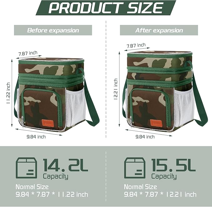 ZRSUN Insulated Lunch Bag for Women Men, Reusable 3 Layers Lunch Box Women, Expandable Reusable Water-resistant Lunch Box for Work Travel Office Picnic Hiking (Green Camo)