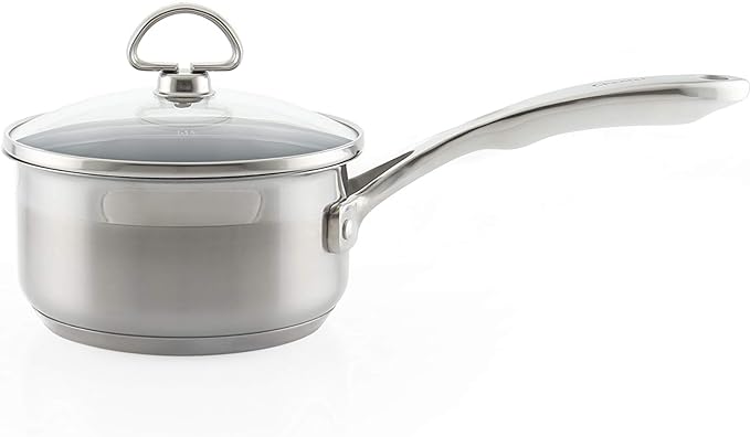 Chantal Induction 21 Steel 1 quart NonStick Saucepan with Tempered Glass Lid, Ceramic Non Stick, Brushed Stainless Steel