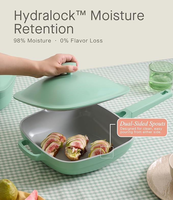 10.5 Inch(3.8QT) Ceramic Pan with Lid,Non Stick Frying Pans Cast Aluminum Deep Saut챕 Pans,Ti-Ceramic Non Toxic Pix Pan with Wooden Spatula and Scrubber-Mint Haze