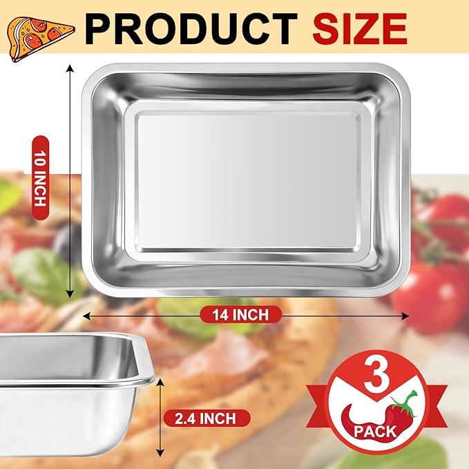RimCereal 3 Pcs Detroit Style Pizza Pan 10 x 14 x 2.36 Inch Non Stick Rectangle Deep Pizza Pans Pre Seasoned Sicilian Style Pan Dish Bakeware Kitchenware(Silver)