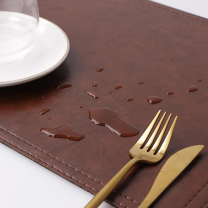 Jovono Waterproof PU Placemats, Faux Leather Dining Table Mat, Set of 8, Easy to Wipe Off Scrub Vinyl Mat, Heat & Stain Resistant for Office Conference Table, Home D챕cor Brown