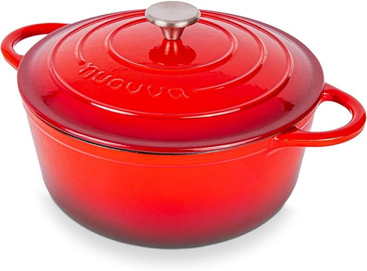 Nuovva Enamelled Cast Iron Dutch Oven Pot with Lid ??6.4 Quart Non Stick Casserole Pot ??Heavy Duty & Oven Safe up to 500째 F for Bread Baking, Braising, Stews, Roasting ??28cm Red