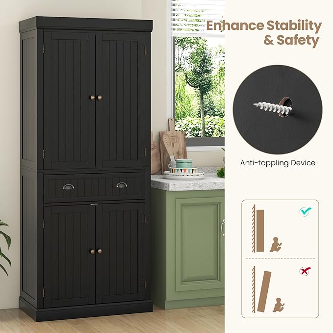DORTALA 72??Tall Kitchen Pantry Cabinet, Wood Storage Cupboard w/ 4 Adjustable Shelves, 2 Cabinets & Drawer, Utility Freestanding Storage Cabinet for Kitchen, Hallway, Living Room, Black