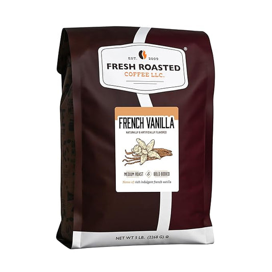 Fresh Roasted Coffee, French Vanilla Flavored Coffee, 5 lb (80 oz), Medium Roast, Kosher, Ground