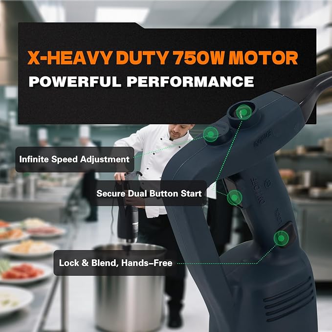 COOLUMA X-Heavy Huty 750W Commercial Immersion Blender, 22 Inch Removable Shaft, 8,000-19,000 RPM Variable Speed, 64 Gallons Hand Mixer, Secure Dual Button Start.