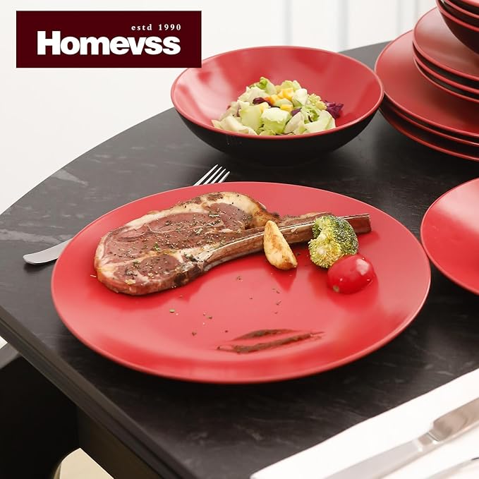 Stoneware Two-Tone Colors Life 18pc Dinner Set竊똎utside Shiny Black + Inside Matte Glaze Red