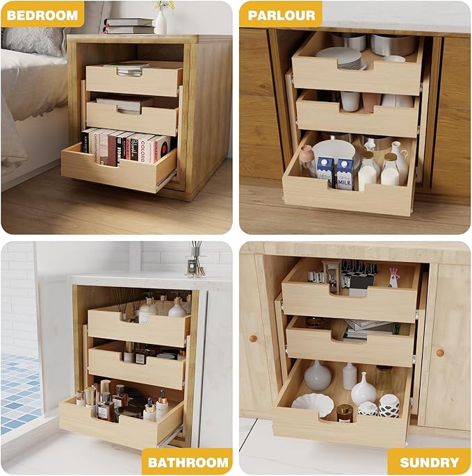Pull Out Cabinet Organizer, 14''W횞21''D횞19''H Soft Close Slide Out Wooden Pull out Drawers, Three Tier Slide out Wood Cabinet Organizer, for Base Cabinet Organization in Kitchen, Pantry, Bathroom