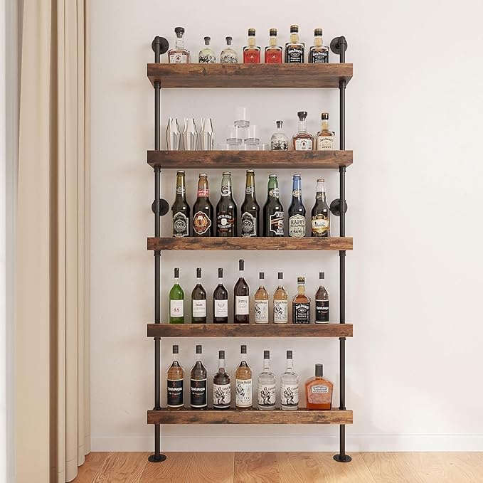 5-Tier Wall Mounted Wine Rack, Floating Bar Shelves, Liquor Bottle Shelf Display, Rustic Industrial Bar Shelf for Home Bar Dining Room Kitchen (23.6" W x 79" H x 8.6" D)